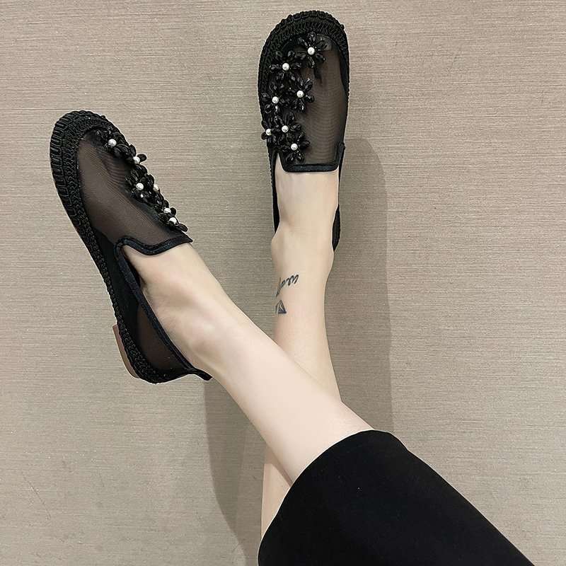 2025 spring and summer new fisherman Doudou shoes women's soft sole breathable one pedal comfortable rhinestone flower mesh flat bottom