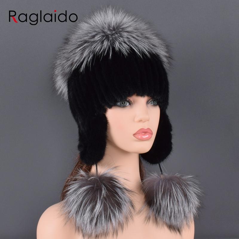Natural Fur Hat For Women Real Mink Fur and Fox Fur Handmade Winter Female Cap Genuine Fur Lined Beanies Big Fox Fur Pompom Hats