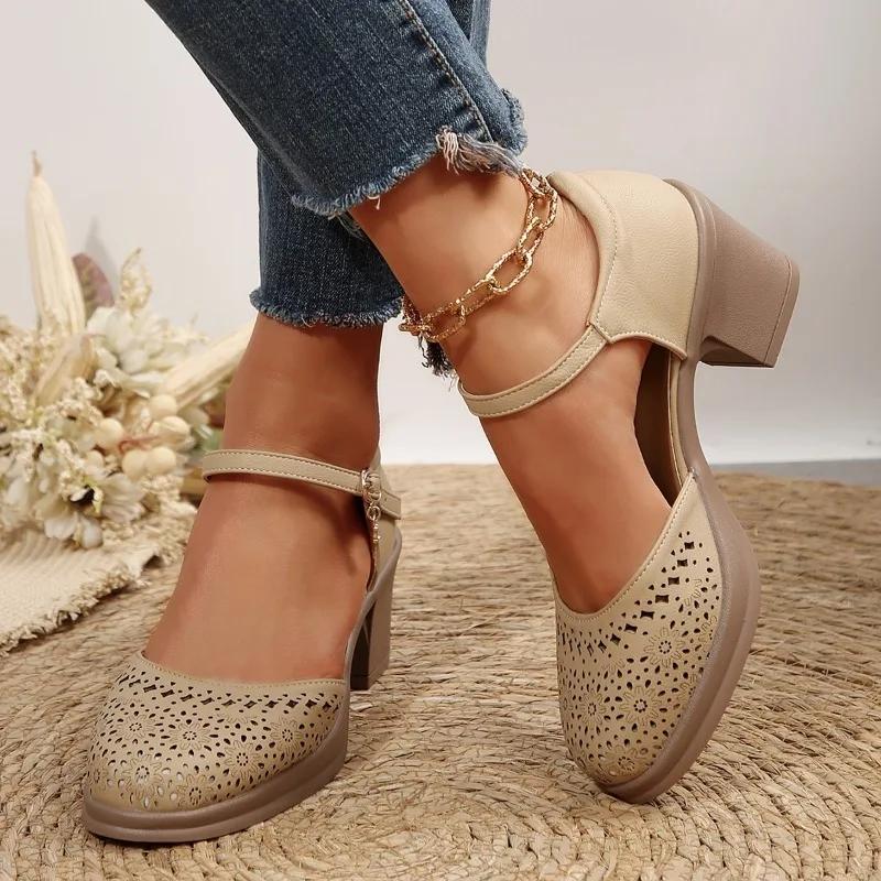 Fashion High Quality Leather Women Sandals Comfort Summer High Heels Non-slip Women Shoes Hollow Sandals Large Size Platform Sandals