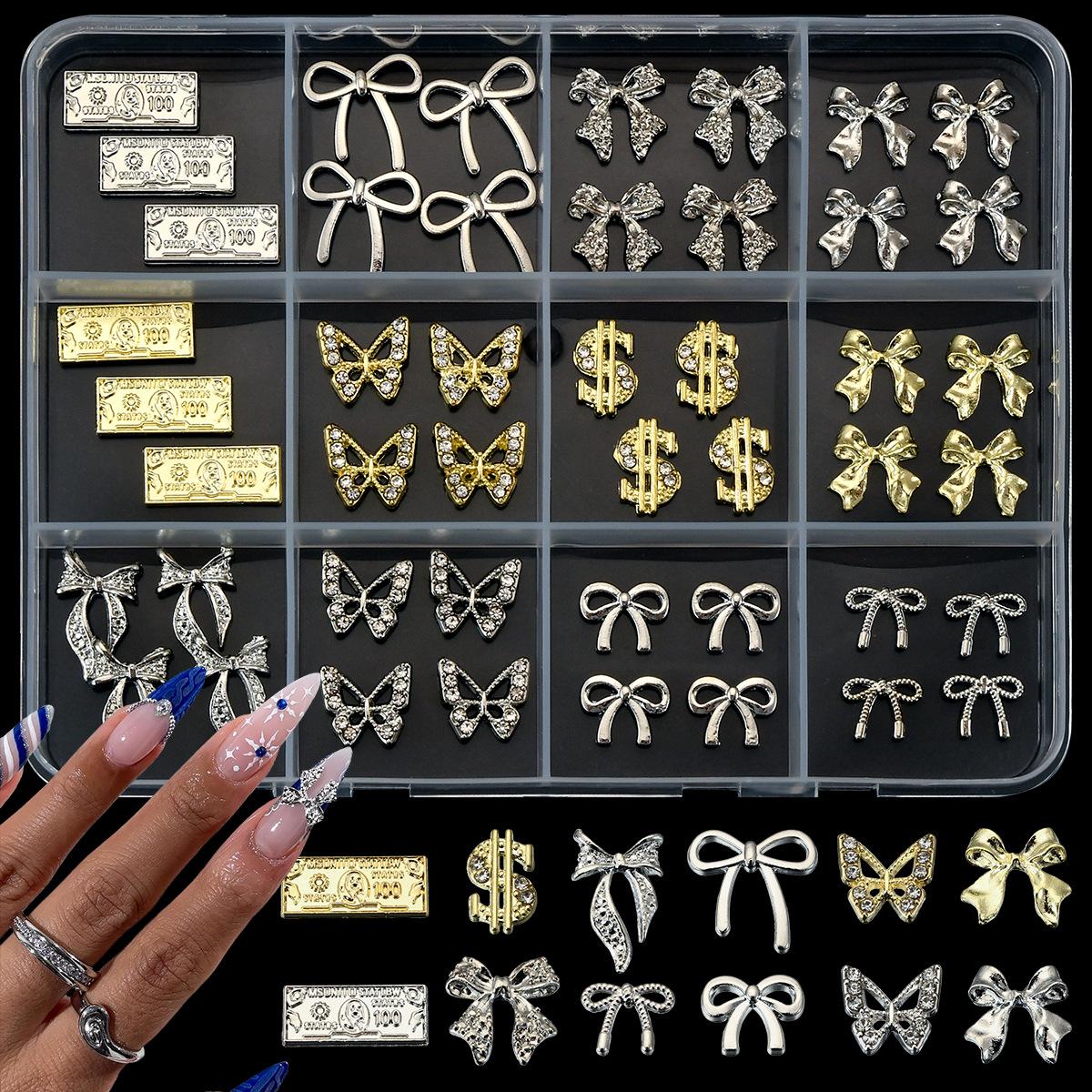 

12-Grid Boxed Nail Art Decorations: Alloy Bowknot & Dollar Wearable Nails, Earrings & Accessories