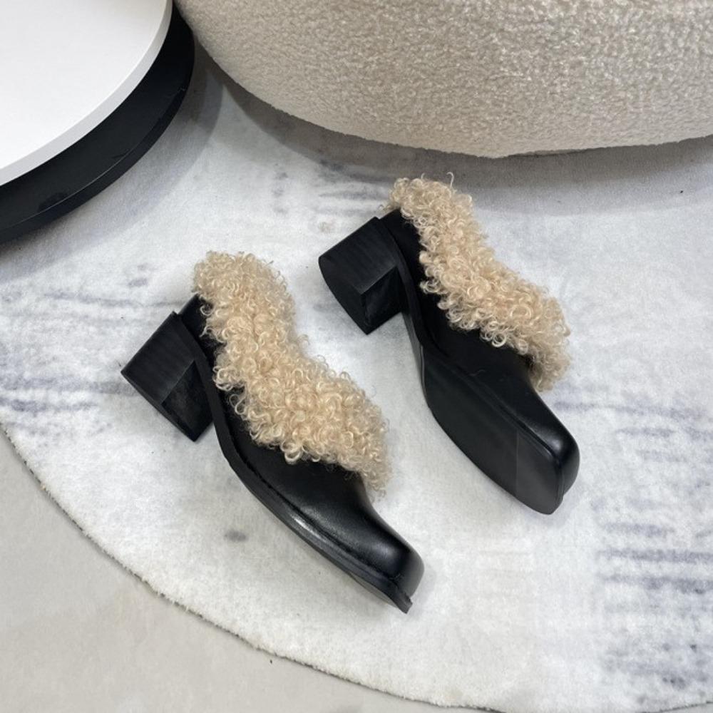 Pumps Women Shoes Square Toe Plush Shoes Womens Heels Retro Velvet Warm Mary Jane Leather Shoes Women's Loafers Cotton Shoe