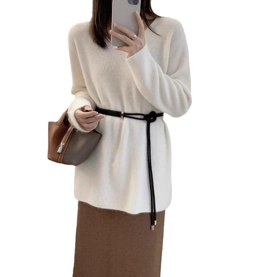 Korean-Style Loose Fit Wool Knit Sweater for Women – Belted, V-Neck, Long Sleeve, Plus Size, Mid-Length.