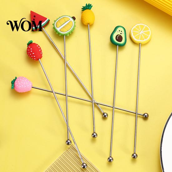 Cartoon Fruit Stirrer Cocktail Stir Stick, Stainless Steel Mixing with Durian Pineapple Strawberry Smooth Stick Watermelon Rubber Top Decor, Drink for