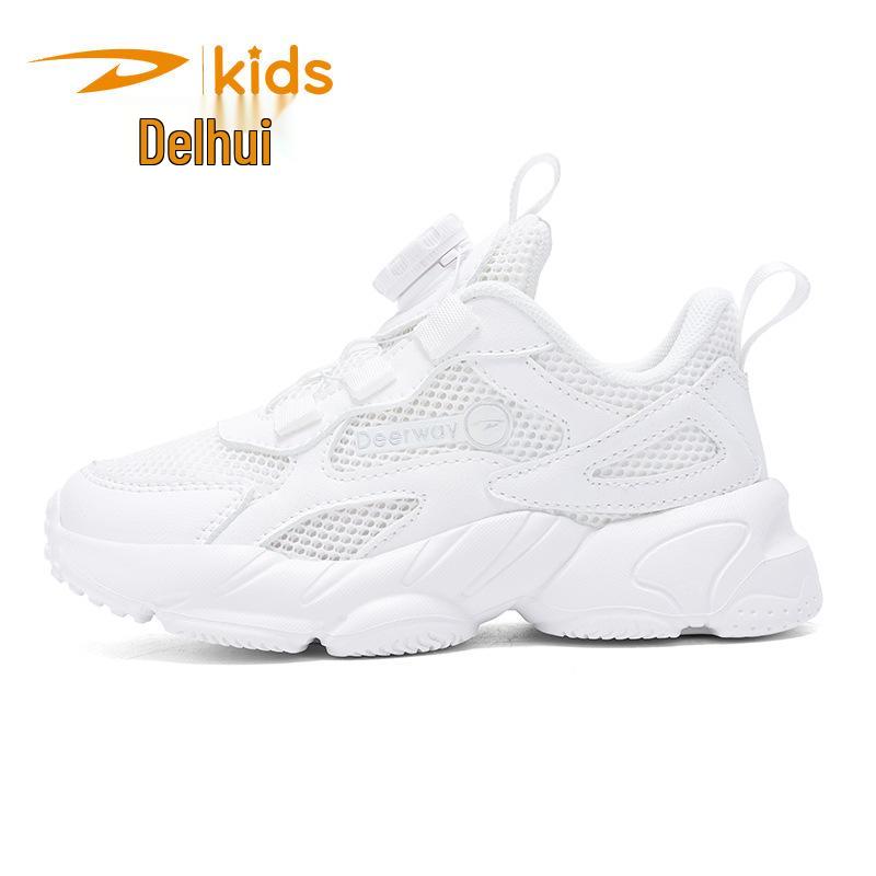 DELHU Kids' Spring/Autumn White Leather Sports Shoes - Boys & Girls Campus Sneakers, Little Black Shoes
