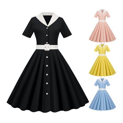 Damen-Kleid, V-Ausschnitt, Revers, einreihig, mit Gürtel, A-Linie, großer Schwung, eng, hohe Taille, einfarbig, Retro-Kurzarm, Prinzessinnen-Stil, Damen-Midikleid