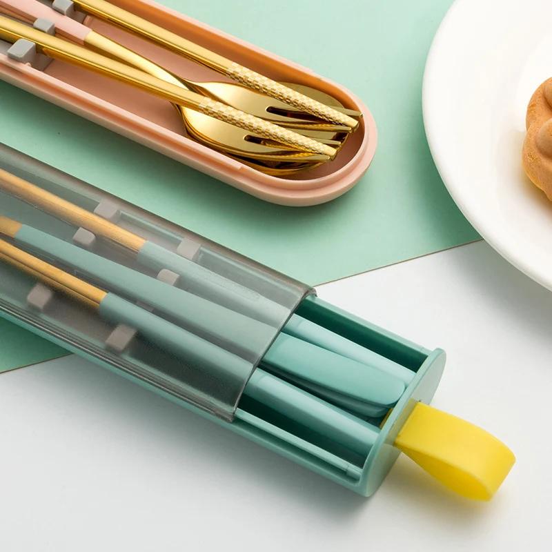 3Pcs Dinnerware Set Spoon Fork Chopsticks Cutlery with Box Portable 304 Stainless Steel Tableware for Travel Camping