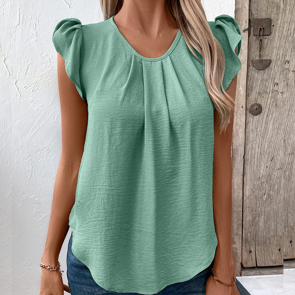 Casual Round Neck Pullover Short Sleeved T-shirt Solid Color Lotus Leaf Sleeve Top for Women Shirt