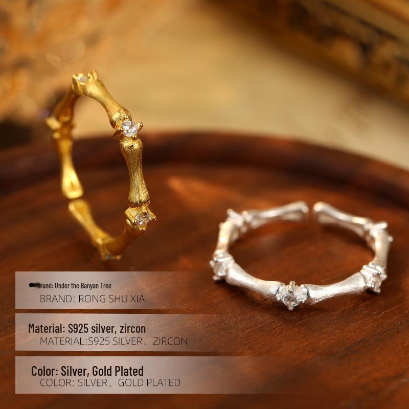 Banyan Tree S925 Silver Zircon Bamboo Open Ring for Women - Elegant and Trendy Index Finger Jewelry