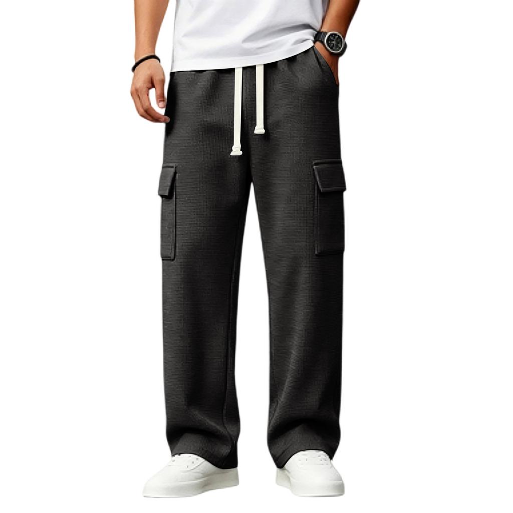 Men's Knit Cargo Pants Loose Fit Multi-Pocket Casual Pants with Drawstring Elastic Waist for Daily Wear