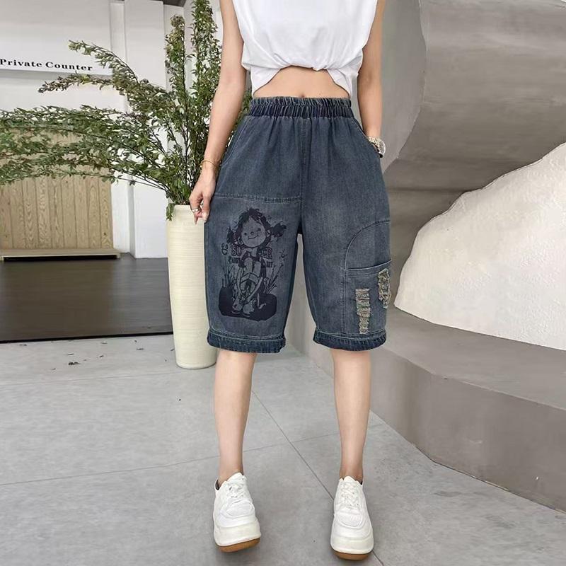 Plus Size Thin Vintage Ripped High Waist Casual Loose Women Summer Half Jeans Denim Harem Pants