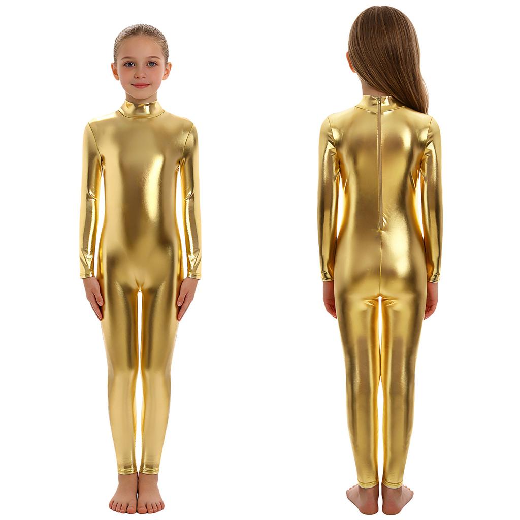Barn Unisex Performance Jumpsuit Metallic Glansig, Långärmad Halsringad Helkroppsdräkt För Halloween & Dansrollspel