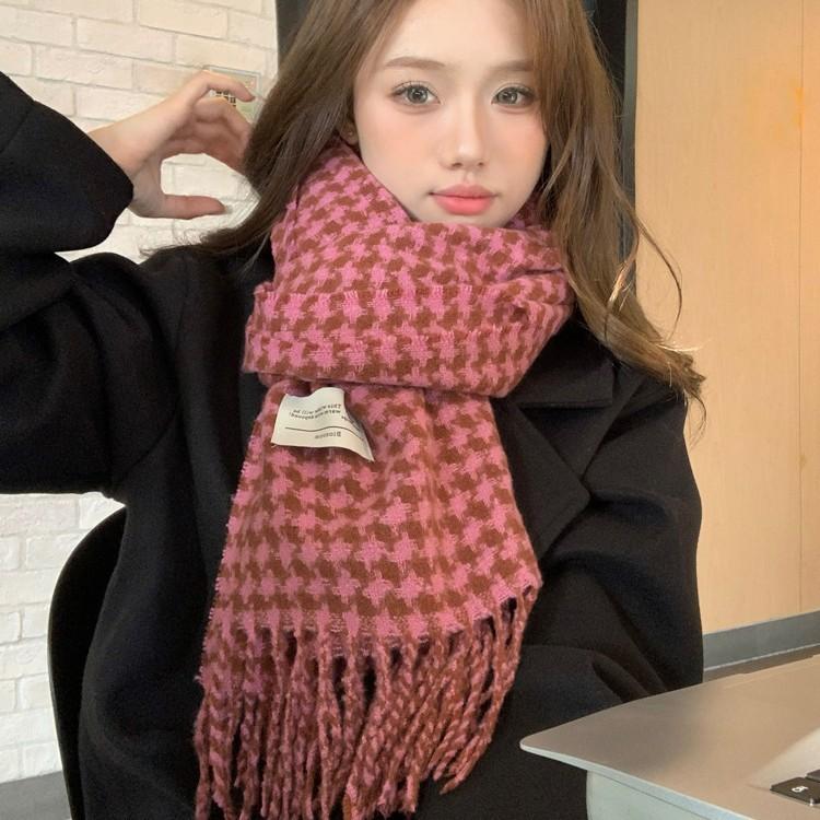Houndstooth Plaid Tassel Scarf for Girls Winter New Retro Warm Knitted Couple Scarf and Shawl Dual Use