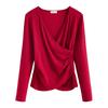 Yuke 260g Pleated Waist-Slimming V-Neck Long Sleeve T-Shirt – Women's Autumn Fashion