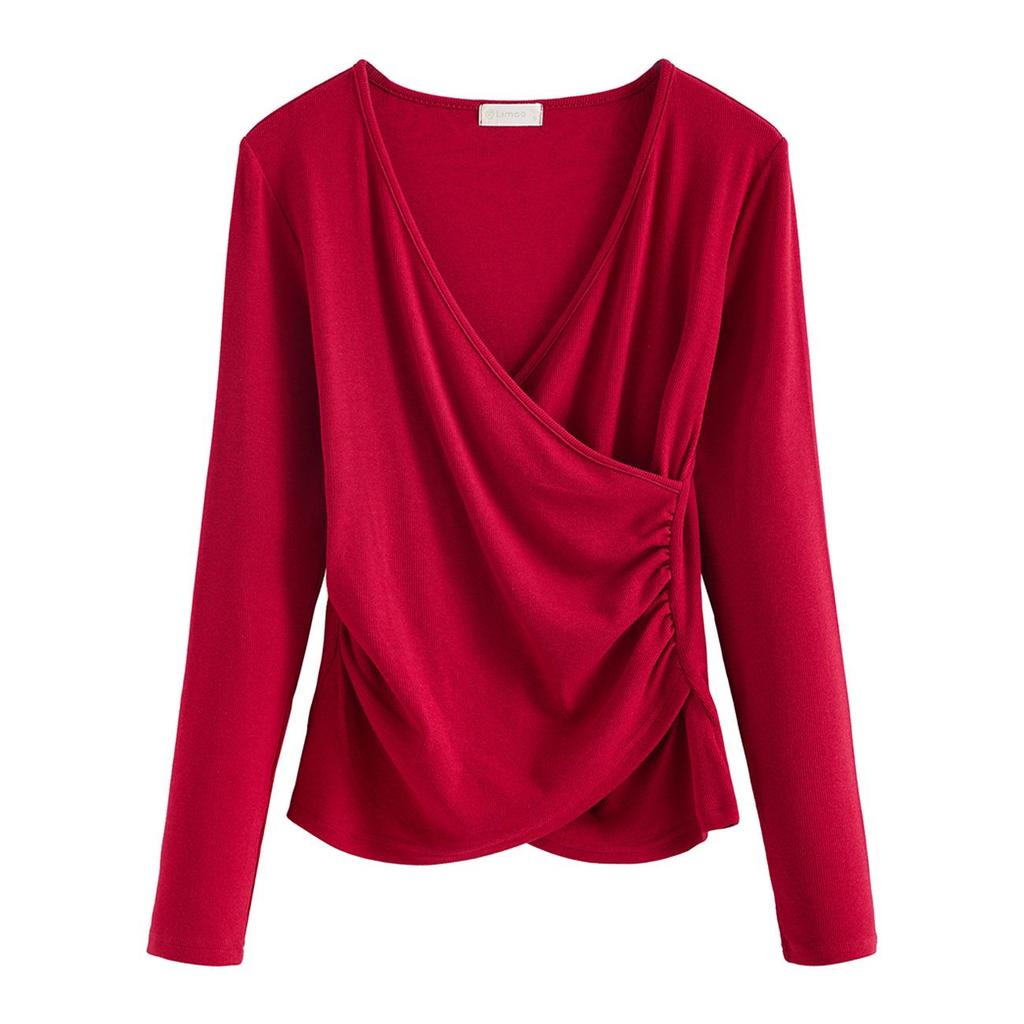 Yuke 260g Pleated Waist-Slimming V-Neck Long Sleeve T-Shirt – Women's Autumn Fashion