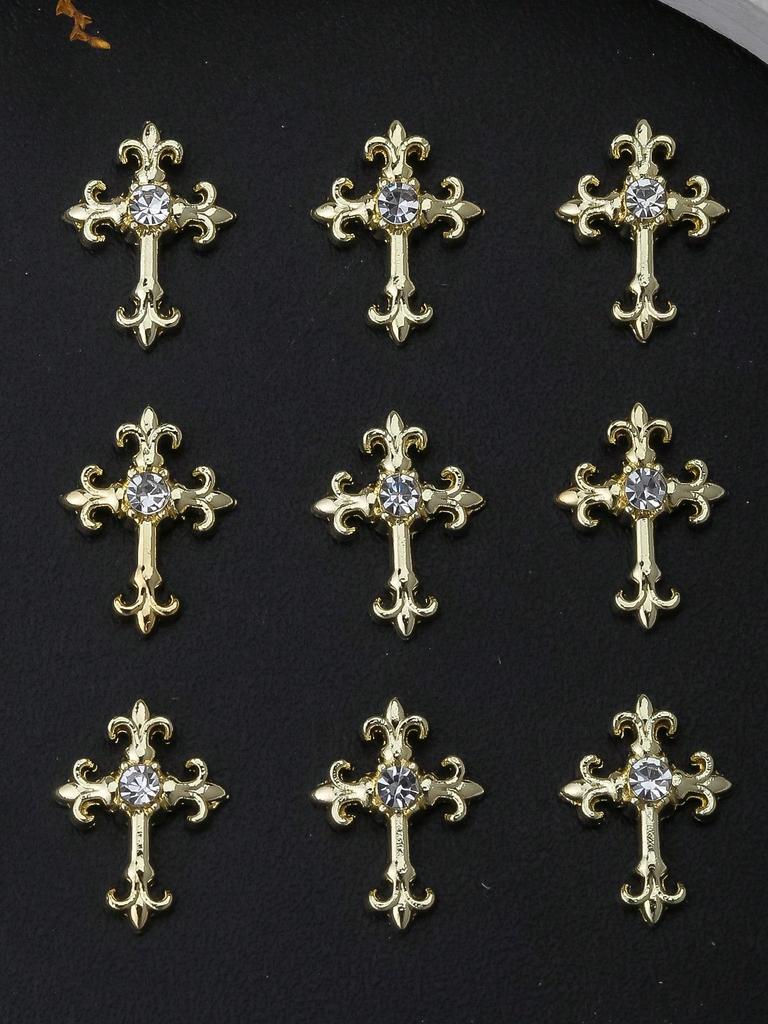 10pcs Gold SilverCross Nail Charms 3D White Pink Rhinestones Nail Art Decorations DIY Nail Gems Nail Supplies