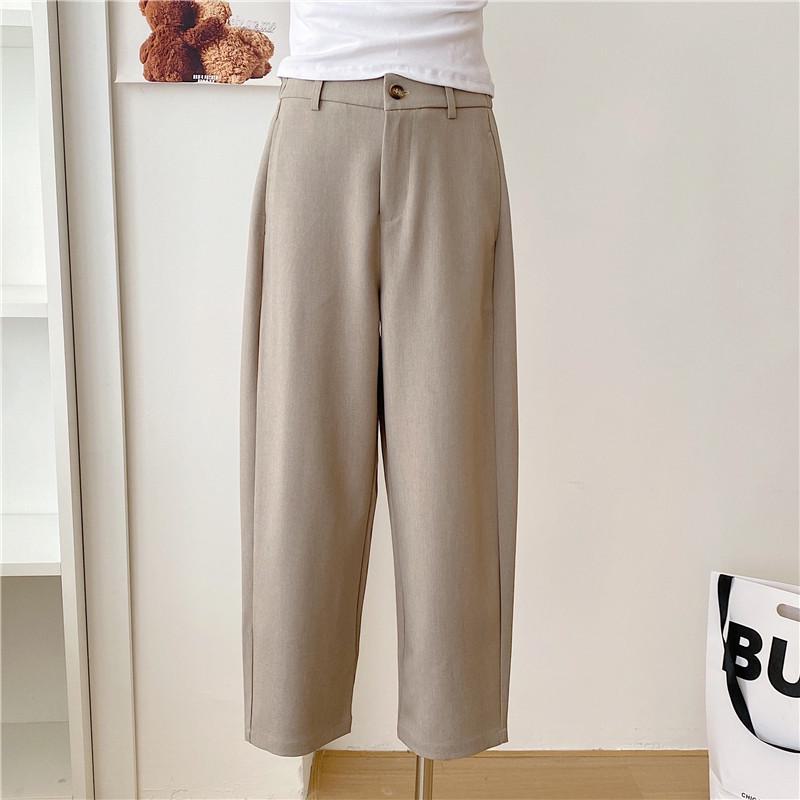 Women's 2024 Autumn Khaki Wide-Leg Suit Pants - Navy Blue, Loose, Straight, Nine-Point Length