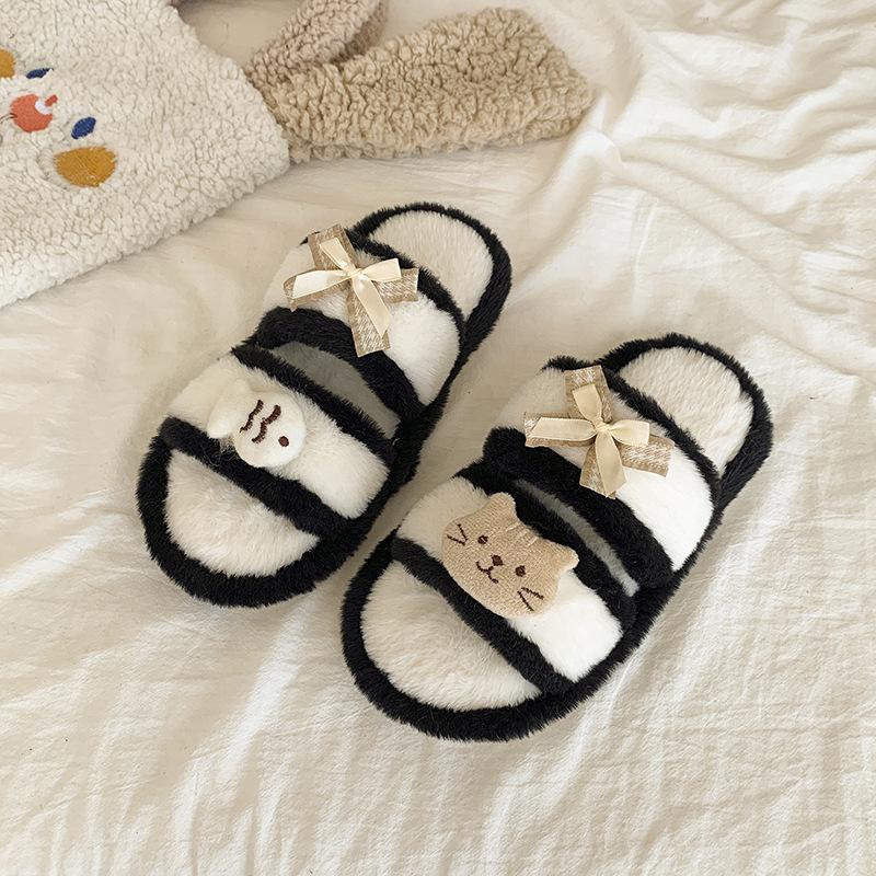 Fashion color matching cute cartoon fluffy slippers women's 2025 autumn and winter new outer wear home indoor cotton slippers shoes