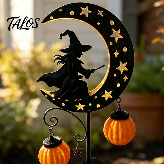Solar Halloween Decorations for Outdoor Witch Pumpkin Moon Garden Stake Light, Waterproof on Crescent Unique Gifts Home with Lantern, LED Yard