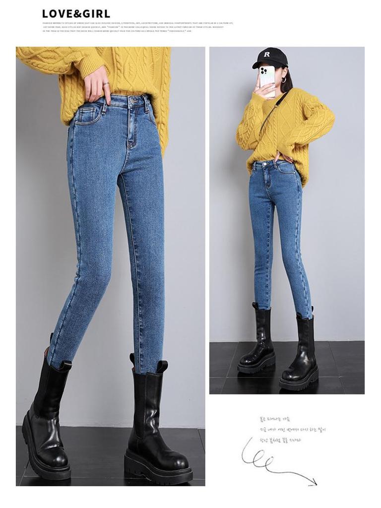 Hochgeschnittene, fleecegefütterte Slim-Fit-Jeans für Damen - Warmer Herbst/Winter 2023 Stil mit dickem Oberstoff und schmal zulaufenden Beinen