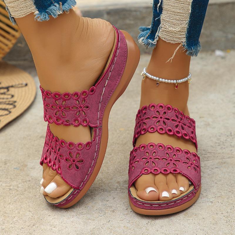 Thick-bottomed one-word slippers women's hollowed-out casual flowers large-size new slope heel cool slippers women's summer