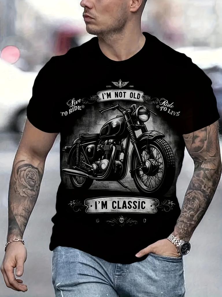 Summer Casual Men's Retro Motorcycle Pattern "I'm Not Old, I'm Classic" Printed Short Sleeved Round Neck T-shirt, Father's Day G