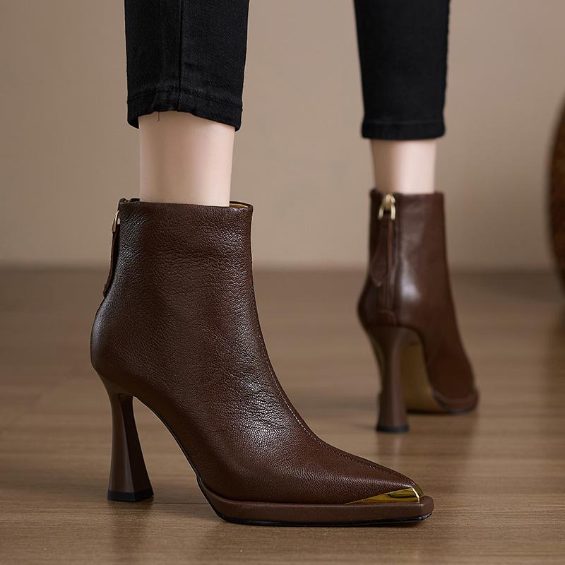 Design Style Metal Toe Women Ankle Boots Autumn Winter Slim Short Booties Fashion Back Zippers Square Heels Shoes