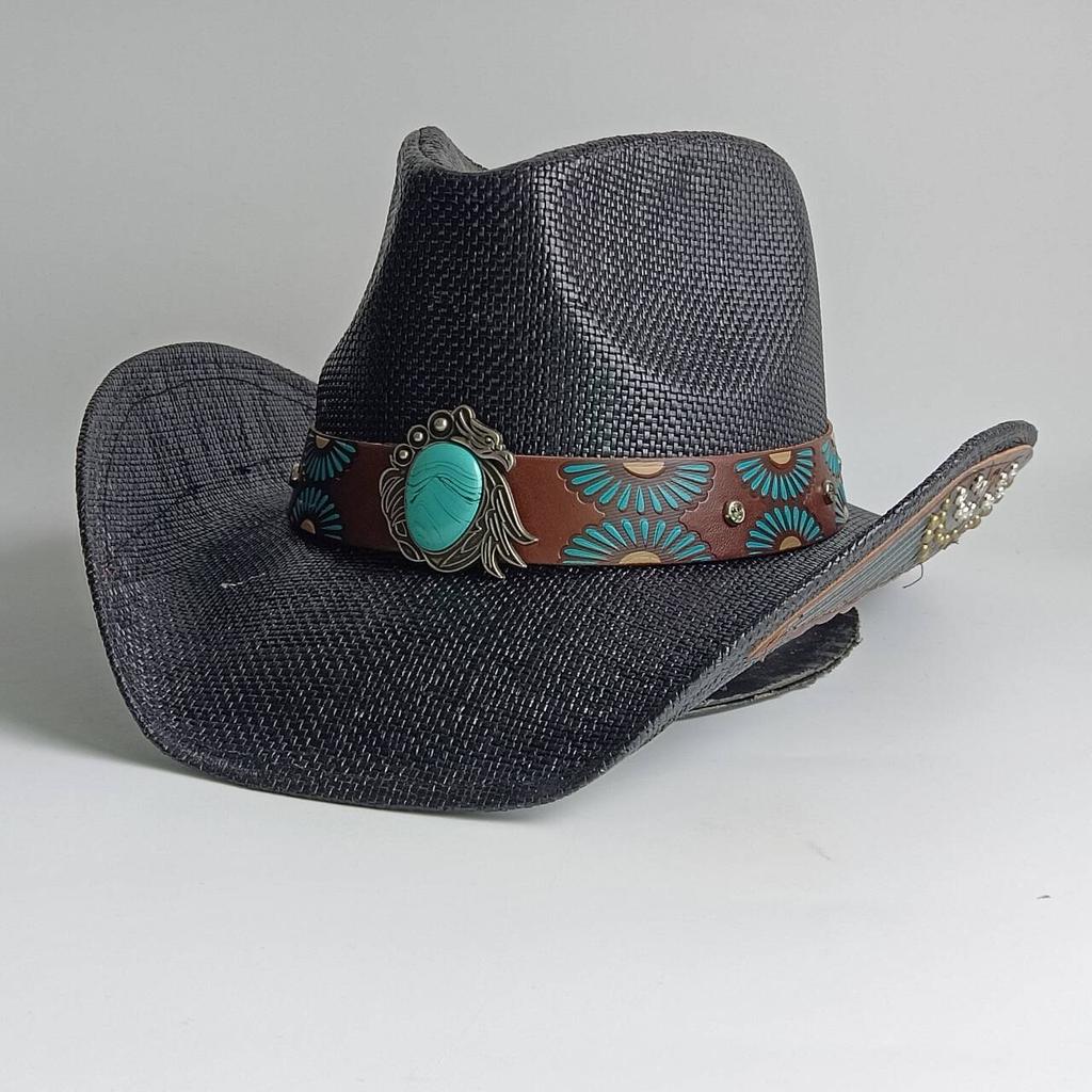 summer Cowboy Hat Summer Outdoor Travel Turquoise Accessories for Men and Women Retro Gentleman Western Cowboy Straw Hat