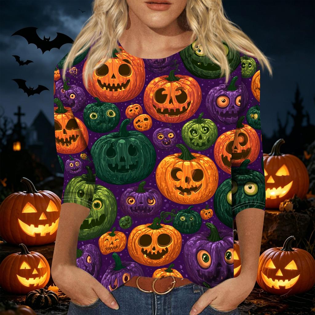 Womens Casual Halloween Print Pullover Shirt Three Quarter Sleeve Round Neck Top Lightweight Comfortable Fabric