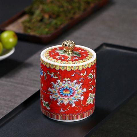 Creative Enamel Painted Flowers Ceramic Tea Jar Moisture-proof Seal Coffee Bean Candy Jar Kitchen Food Storage Container Decor
