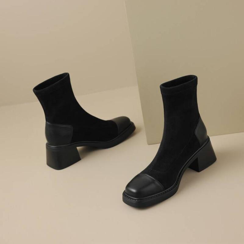 

Корейская версия новых женских замшевых ботильонов на среднем каблуке большого размера, кожаные ботильоны на толстой подошве с нескользящей подошвой, ботильоны средней высоты с круглым носком, квадратный и осенний а 39