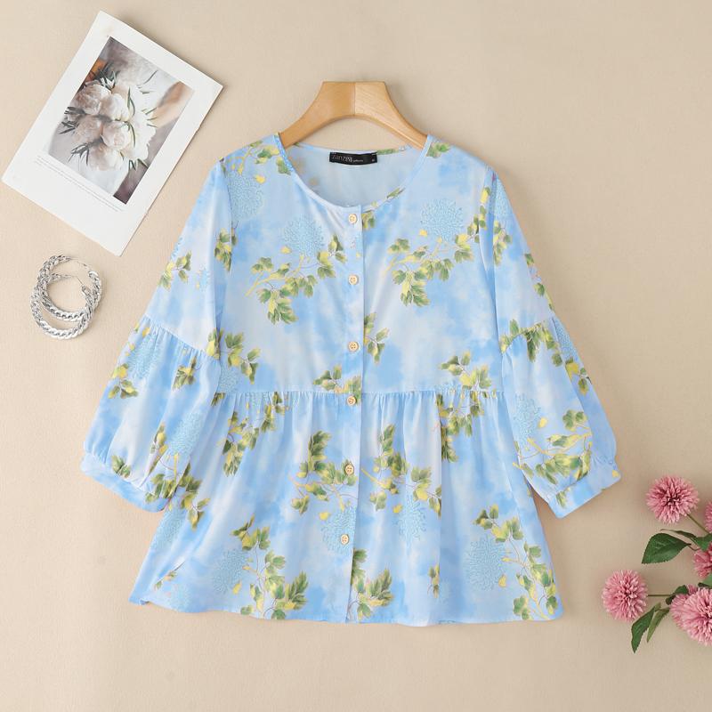 

ZANZEA Женская летняя блузка с круглым вырезом, рукавами 3/4, свободного кроя, с цветочным принтом 3XL синий