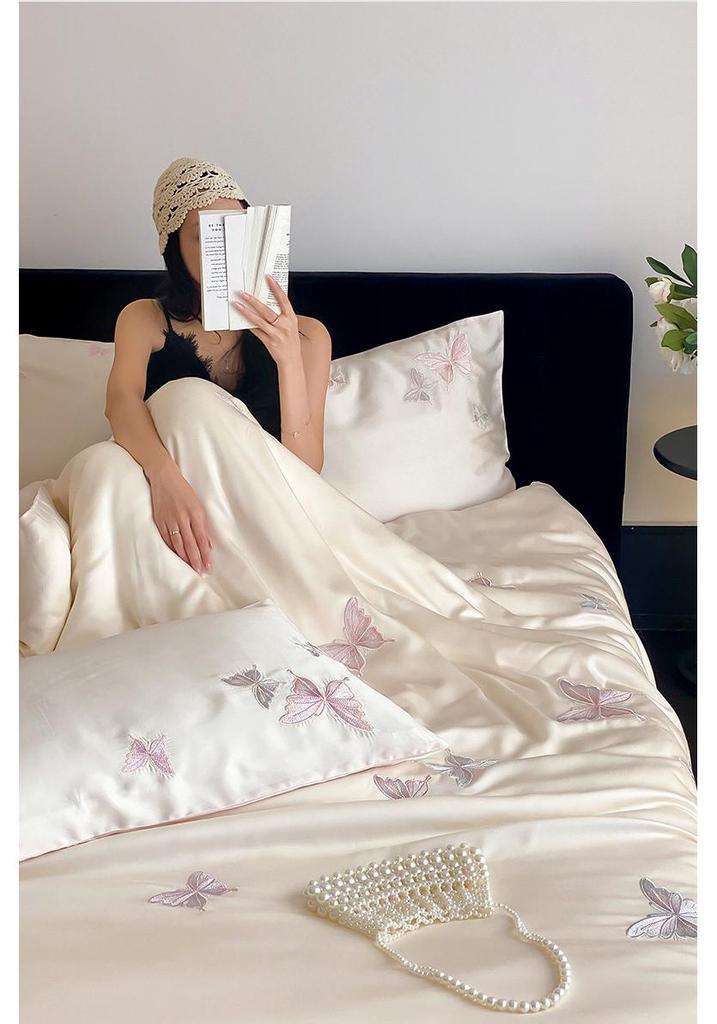 Silky Smooth 60s Lyocell Tencel Embroidered Bedding Set - Machine Washable Duvet Cover and Bed Sheet