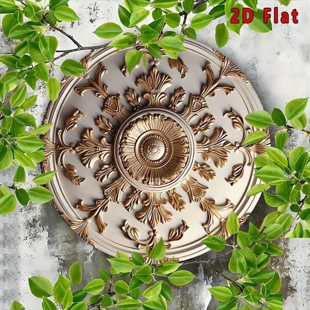 Golden Floral Round Metal Wall Art 8x8 Inch Carved Aluminum Home Decor UV Scratch Resistant