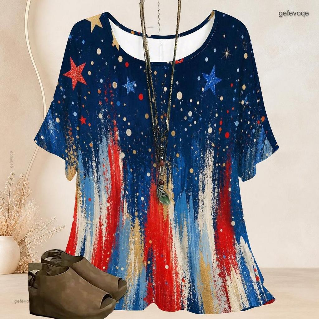 Damen Übergröße Fledermausärmel Kurzarm Oberteil Rundhals Stern Farbspritzer Print Locker Lässige Tunika Bluse
