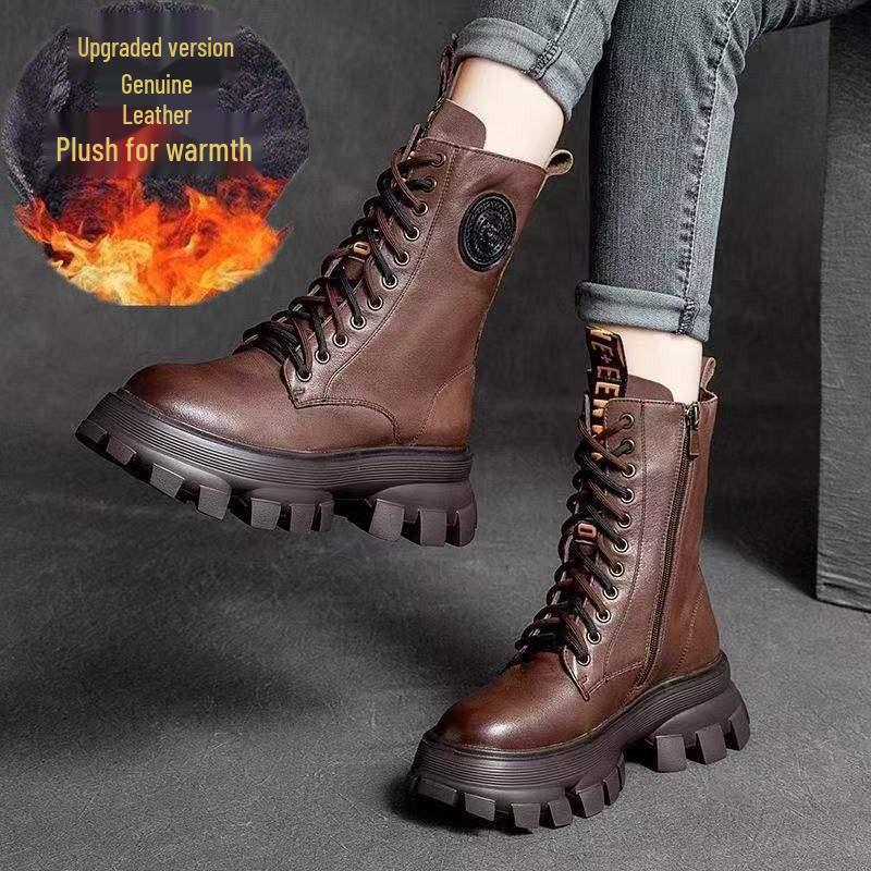 2025 Mid-Calf Soft Leather Chunky Heel Retro Chelsea Boots with Non-Slip Sole