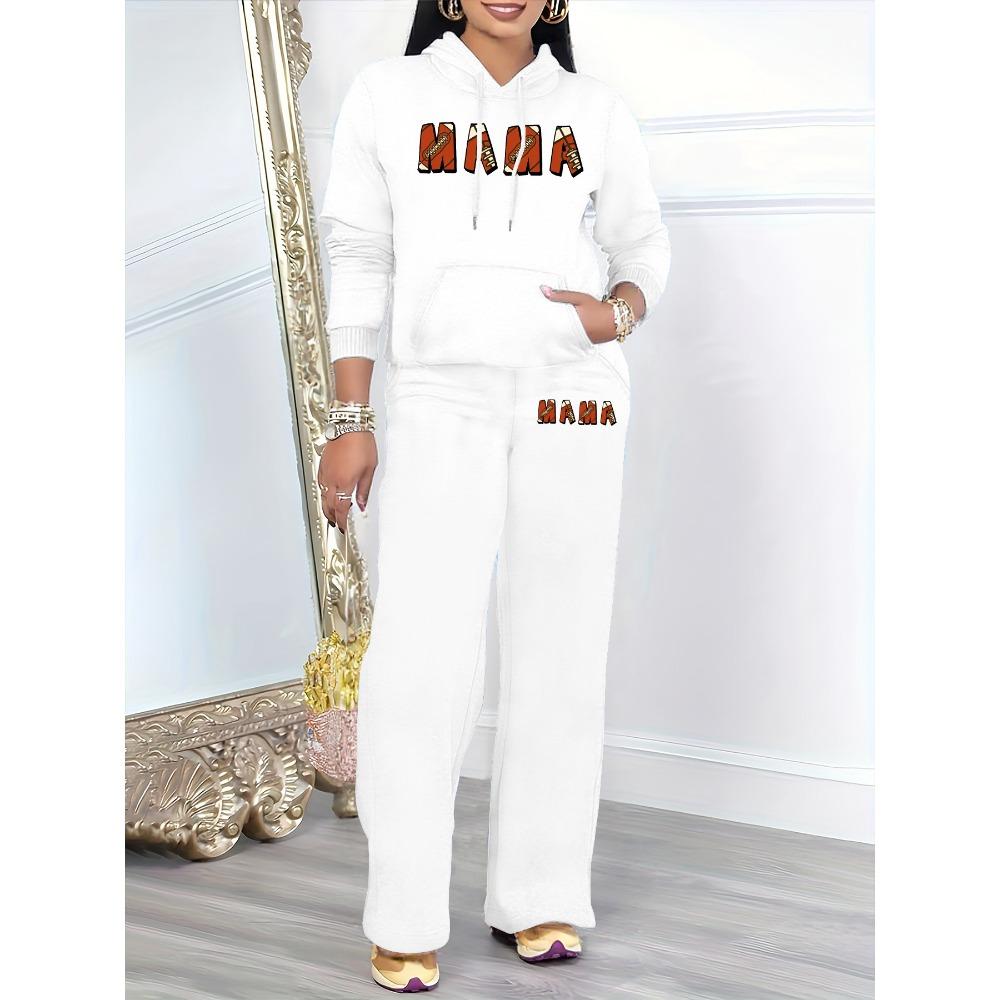 European and American Style Casual Two Piece Set, Retro Printed Hooded Sweatshirt with Matching Wide Leg Pants, Home Commuting Set