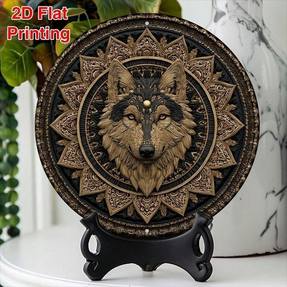 Boho Wolf King Round Metal Wall Art 8x8 Inch Home Decor Tin Sign