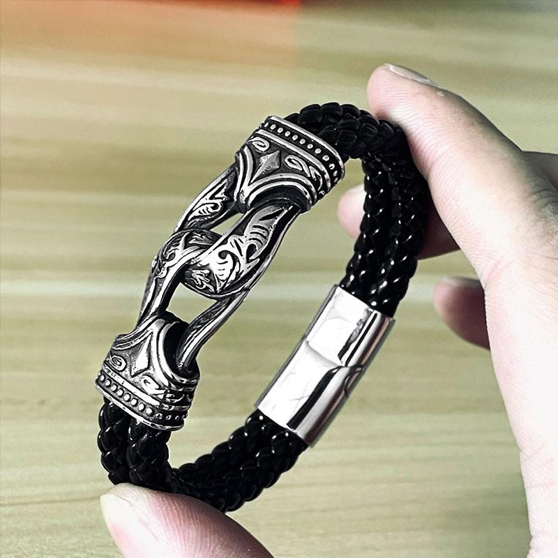 

Beier Vintage Vikings Leather Bracelet Men Stainless Steel Norse Runes Valknut Bangle Jewelry 24cm