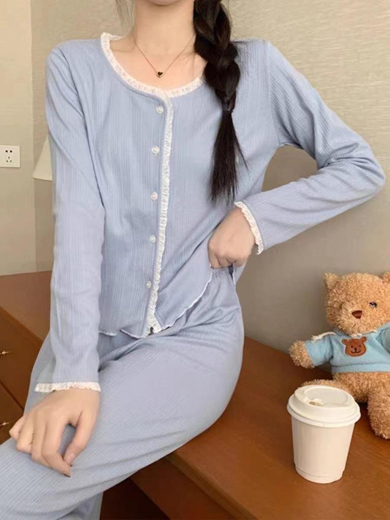 Korean Style Sweet Pajama Set for Girls: Cardigan Long Sleeve with Chest Pads, Wear Outside, Spring/Autumn Casual.