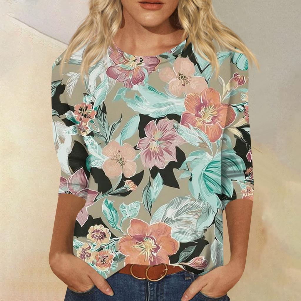 Damenmode Lässiges T-Shirt mit Rundhalsausschnitt und Dreiviertelärmeln und Aufdruck