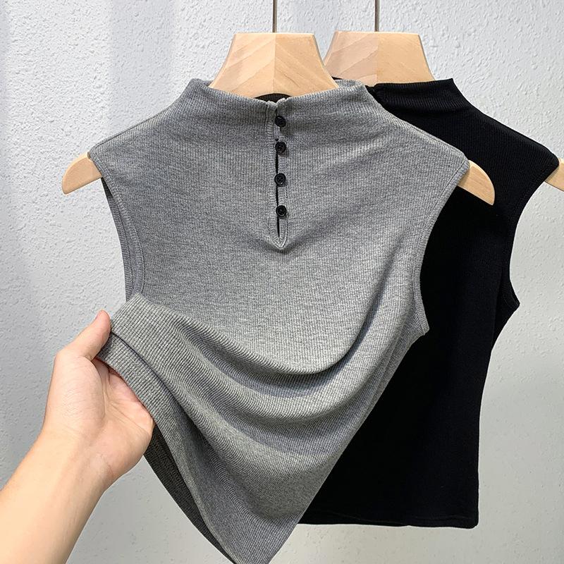Black Sleeveless T-shirt Women's New Early Autumn Semi-turtleneck Thin Bottoming Shirt Slim-fitting and Thin Top