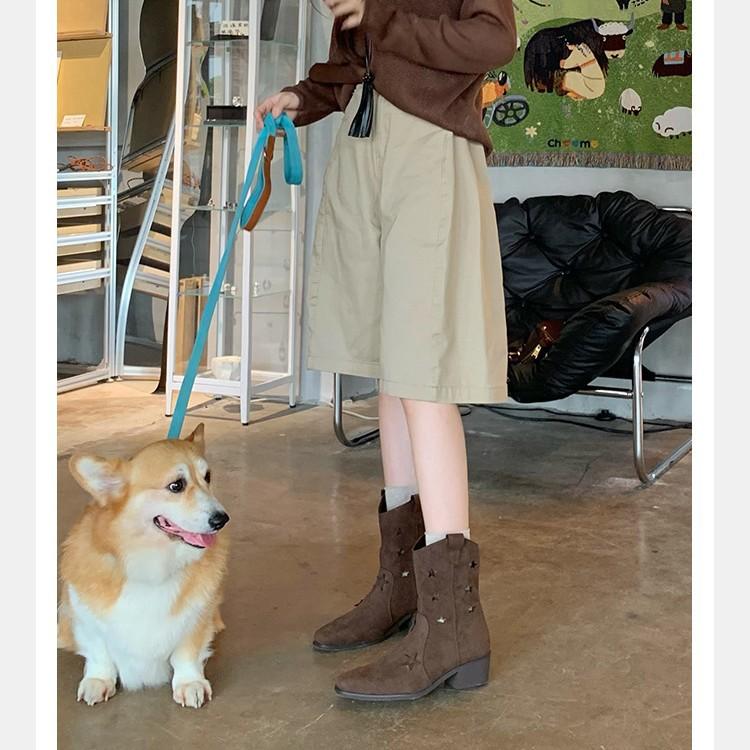 Grape Mother Has the Same Retro Fashionable Hollow Star V-mouth Versatile Comfortable Thick Heel Denim Medium Boots Women's Western Boots