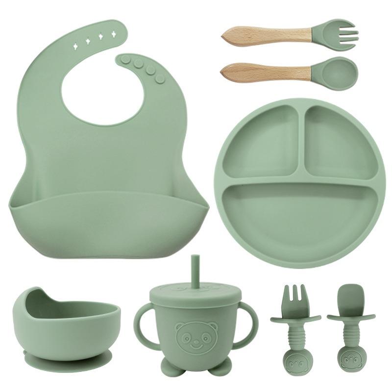 Set de farfurii din silicon pentru copii pentru a învăța să mănânci, furculiță de antrenament, lingură, supliment alimentar, ventuză, bol, anticădere și antiopărire