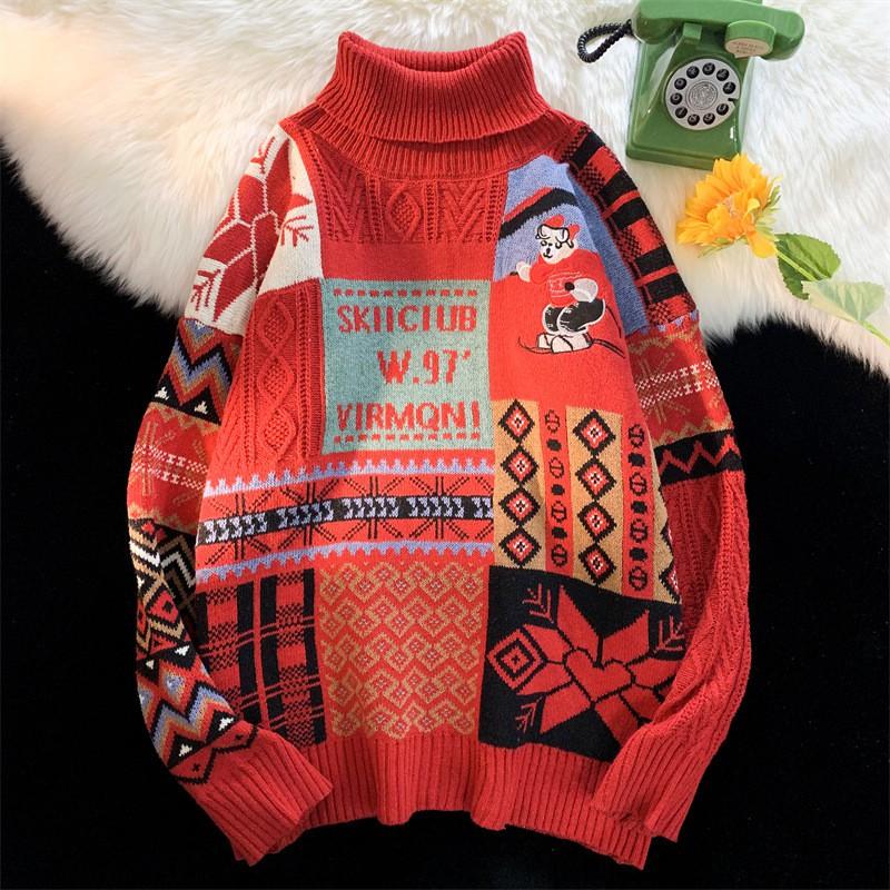 Unisex Vintage High Neck Knit Sweater Loose Fit Retro Pullover Winter Daily Wear