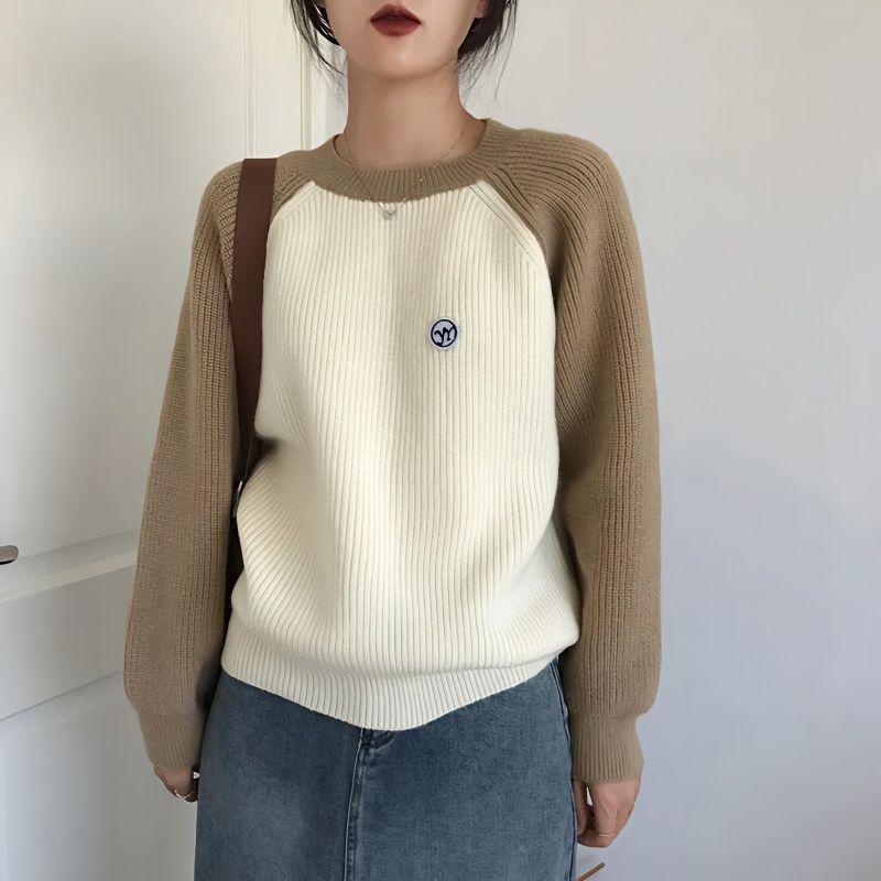 Women's Color-Block Crew Neck Raglan Sleeve Sweater Loose Outer-Wear Thickened Long-Sleeve Top Versatile Knitwear for Autumn & Winter
