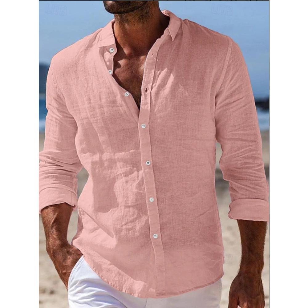 Herrenhemden Frühling/Sommerhemden Strandbekleidung Button-Down-Hemden Einfarbig Urlaubs-Casual Langarm mit Kragen