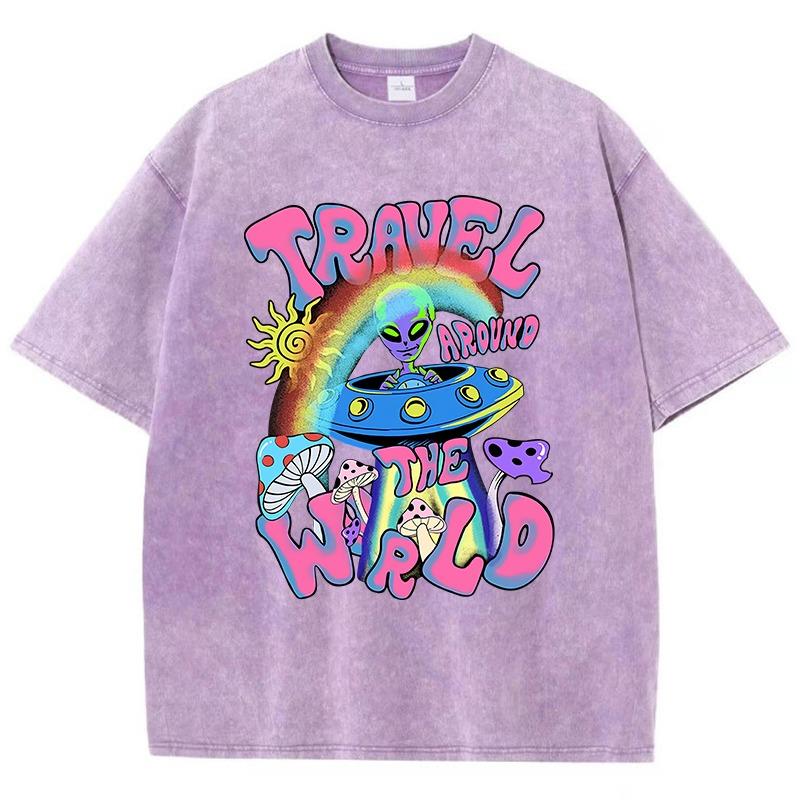 Damen Baumwolle Gewaschene T-Shirts Mode Locker O-Ausschnitt T-Shirts Die Ankunft von Aliens Druck Kurzarm Sommer Damenbekleidung