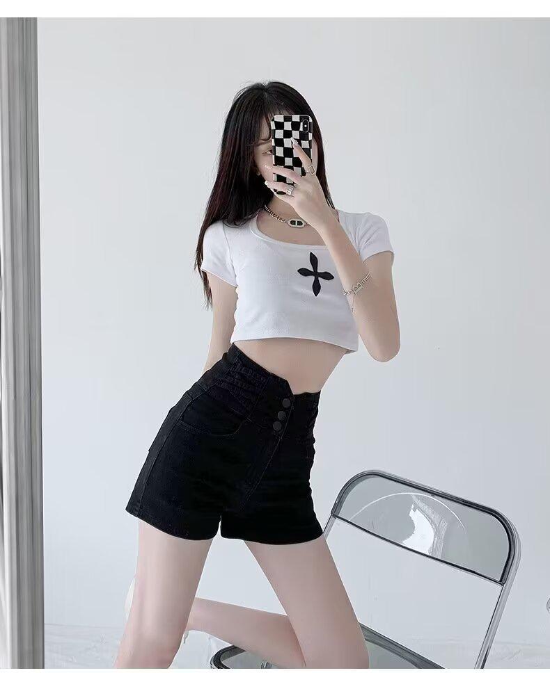 Elastic High-Waist Denim Shorts with Slimming Straight-Leg Design and Abdomen Control for Women