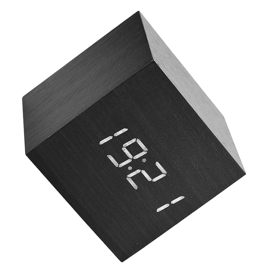 Wooden Digital Alarm Clock with Temperature LED Display and Voice Control for Home and Office (Black Wood + White Light)