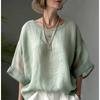 Solid Linen Blend Loose Fit Round Neck Oversized Shirt For Women